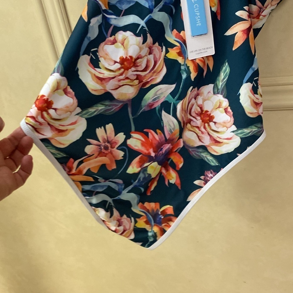 Floral Navy One-Piece Swimsuit with White Trim - Picture 4 of 5